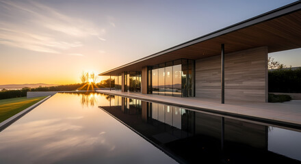 Fototapeta premium Modern house with pool reflecting sunset, showcasing architectural design and serene outdoor living.