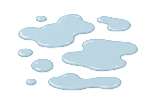 Water puddles and liquid drops on a transparent background, representing wetness, spills, and clear aqua fluid