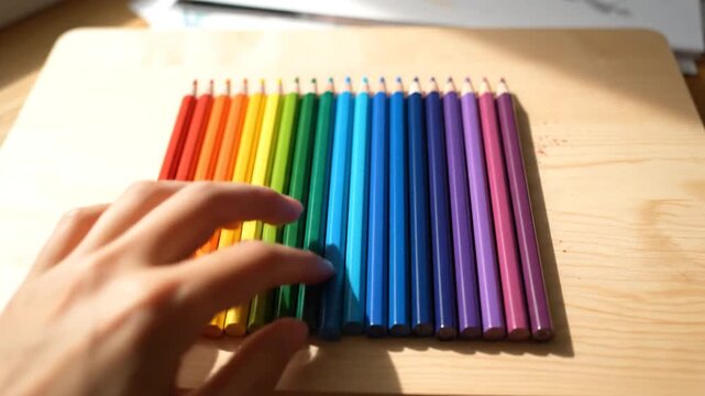 Arrangement of Vibrant Colored Pencils on a Wooden Surface in Bright Sunlight Displaying Spectrum of Colors for Educational Creative Projects Art Supplies Craft and Design
