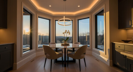 Fototapeta premium Elegant dining nook in a bay window with a modern chandelier and a scenic view at sunset.
