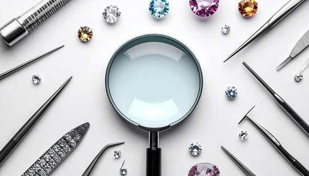 Magnifying glass surrounded by various gemstones and tools for jewelry making on a clean surface - Powered by Adobe