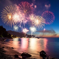 Vivid fireworks explode above a tranquil ocean at dusk