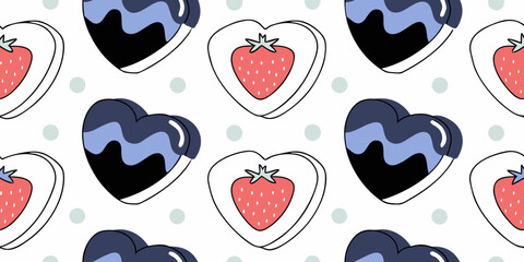 Fototapeta premium Cute cartoon seamless background with sweet heart-shaped desserts, including strawberry candies and chocolate-covered treats for Valentine's Day
