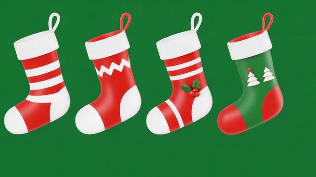 Four festive Christmas stockings in red green and white with various holiday designs including