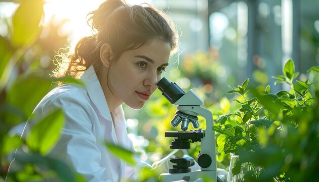 Young scientist examining plant samples under a microscope in a sunlit greenhouse filled with greenery
