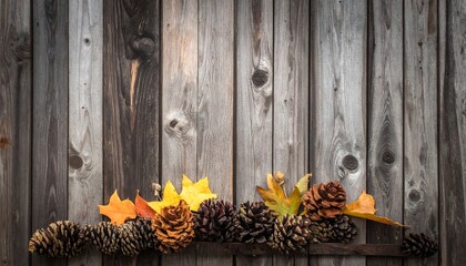Wooden plank background with pine cones and colorful autumn leaves