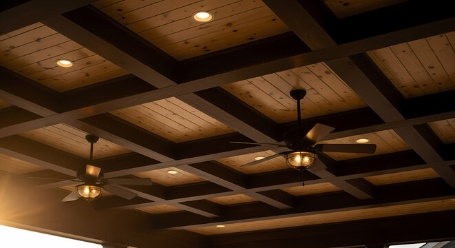 Warmly lit coffered ceiling with wooden panels, dark beams, and two ceiling fans with integrated lights.