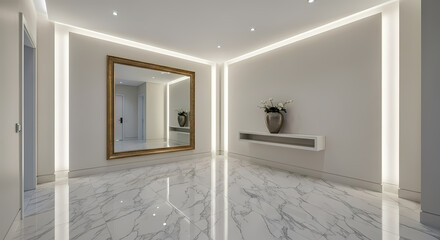 Luxurious modern hallway with a large ornate mirror and marble flooring, illuminated by ambient lighting.