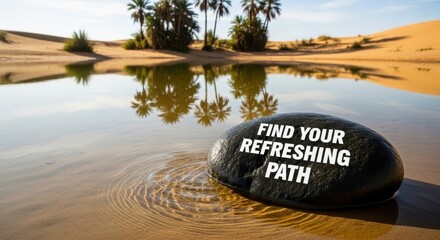 Inspiring Stone with Refreshing Path Message in Desert Oasis Water