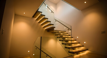 Modern floating staircase with glass railings and integrated LED lighting.