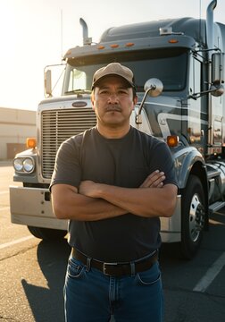 Experienced Truck Driver Posing Confidently in Front of His Semi-Truck.