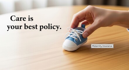 Person holding a tiny blue baby shoe on wooden surface