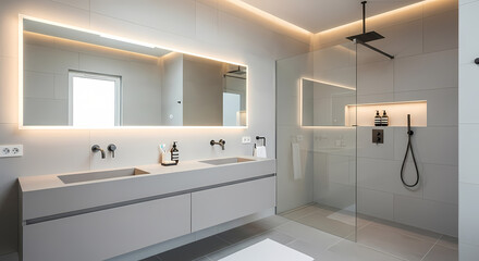 Modern bathroom with a large mirror, double sinks, and a walk-in shower.