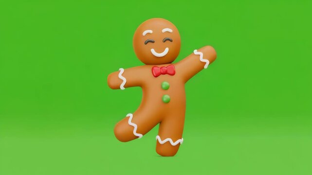 Animated happy gingerbread man dancing with joy on a vibrant green background festive holiday