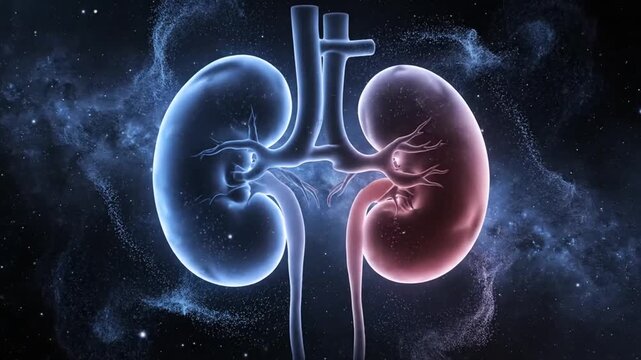 Blue and Red Human Kidney Anatomical Model Floating in Starry Space Background Anatomy of Renal System Diagnostic and Urology Medical Visualization for Education and Healthcare Promotion