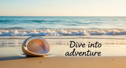 Shell on beach with sea and message of adventure