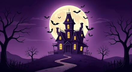 Fototapeta premium Spooky Mansion Under a Full Moon with Bats Flying, a Night Landscape Illustration.