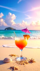 An eye-level view of a tropical cocktail on a sandy beach. The background features a vibrant ocean scene and a fluffy cloud-filled sky