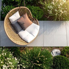 Aerial view of a hanging chair with cushions amidst a lush, green garden. A stone path leads the eye to the serene scene