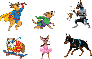 Superhero dogs cartoon illustration, funny costumed dogs, action hero pets, comic dog characters, playful animals, fantasy dogs, cute dog heroes