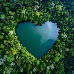 Aerial view of a heart-shaped lake surrounded by lush, vibrant green trees. The water reflects the sky, showcasing the earth's beauty