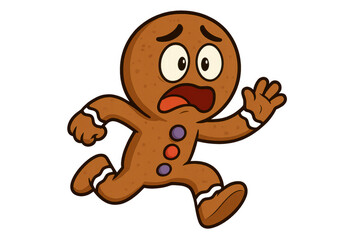 Fototapeta premium Gingerbread man running away in panic, feeling fear and stress. Escaping cartoon cookie character