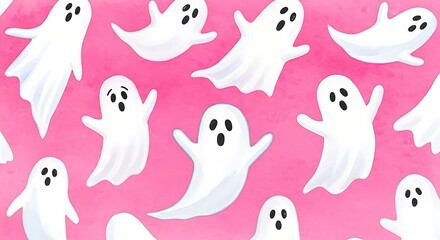 Naklejka premium Cute Watercolor Ghosts Seamless Pattern on Pink Background for Festive Projects and Textile Designs.