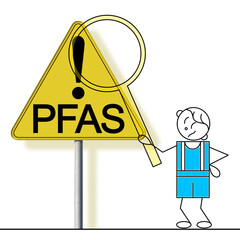 DANGEROUS PFAS per-and polyfluoroalkyl substances used in products and materials due to their enhanced water-resistant properties - Concept with road sign, cartoon Man and magnifying glass