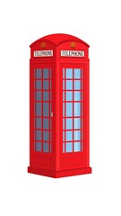 An iconic red, rectangular phone booth with a curved top and glass windows, standing alone against a white background