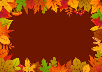 Autumn fall season vector frame with red, brown, orange and red oak, birch, maple or aspen leaves. Seasonal Thanksgiving harvest border rectangular template with foliage, golden wheat spike or berries