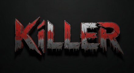 Distressed Red and Gray Lettering Against Black Backdrop, Displaying Sharp Edges, Metallic Texture, and Broken, Industrial Design Elements.