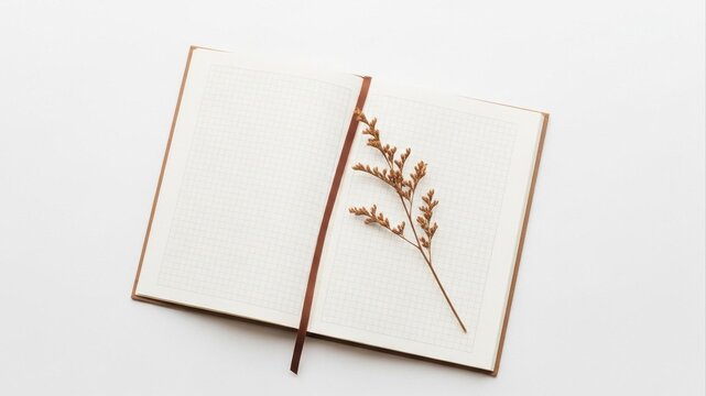 Open journal with a dried plant on white background, perfect for memories and creative writing