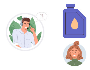 Call center agent with a headset responding to an inquiry, oil bottle, and a smiling customer portrait. Ideal for customer service, communication, support, inquiry, business, engagement simple flat