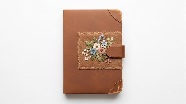 Elegant Leather Journal with Embroidered Floral Appliqué on Neutral Backdrop