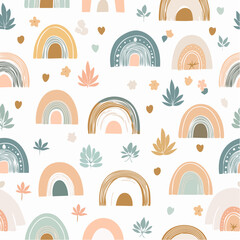 Boho Rainbows and Leaves Seamless Pattern. © KunciKebaikan