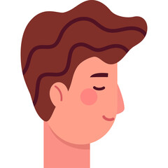 Cartoon Male Head Character Profile With Wavy Brown Hair Peach Skin And Closed Eyes Smiling With Pink Cheeks Wearing A Light Pink Neck Collar Isolated On White Background Flat Design