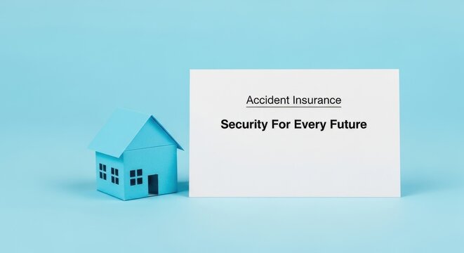 A blue cardboard house model next to white card with accident insurance security for the future - Powered by Adobe