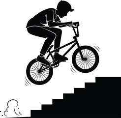Fototapeta premium Silhouette illustration of young man performing BMX bicycle stunt jumping stairs, extreme sport action, urban cycling adventure and freestyle bike tricks.
