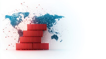 A digital illustration of stacked shipping containers in front of a world map, symbolizing global trade and logistics.