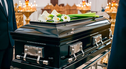 Elegant black coffin adorned with white calla lilies, surrounded by mourners in formal attire, creating a solemn atmosphere for a farewell ceremony