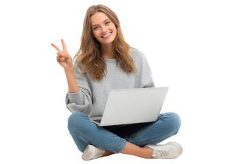 Young Woman Using Laptop Peace Sign on Isolated Background Promoting Online Education and Friendly Technology Concepts