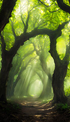 Mysterious Woodland Path: Enchanting Journey Through Green Light and Soft Mist in the Forest Wilderness Exploration Scene