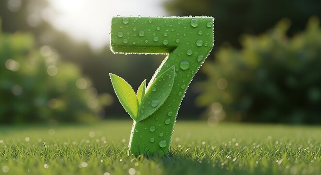 Green Number Seven with Leaves in a Grassy Field.