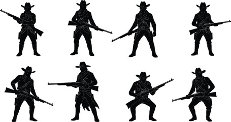 Silhouette set of wild west cowboys holding rifles and shotguns, outlaw western gunmen characters vintage style vector illustration design.
