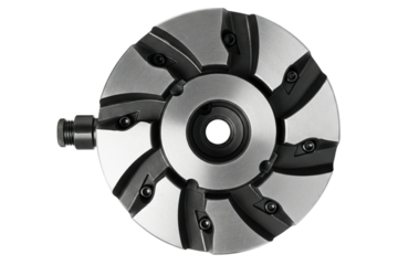 Industrial face mill cutter head with indexable cutting inserts isolated on a transparent background