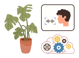 Houseplant in terracotta pot, profile with soundwave signifying voice recognition, cloud with gears representing AI processes. Ideal for technology, AI, machine learning, innovation, nature, balance