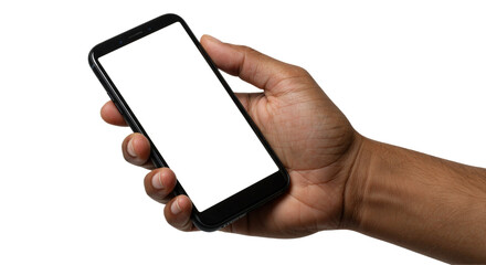 Smartphone in hand mockup with blank black screen for mobile app preview, isolated PNG