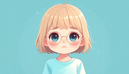 full body cute chibi child with glasses looking sad, slouching posture, teary eyes, flat vector clean style, pastel blue background, no text, no watermark.