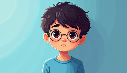 full body cute chibi child with glasses looking sad, slouching posture, teary eyes, flat vector clean style, pastel blue background, no text, no watermark.