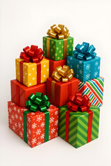 Fototapeta premium Pile of Christmas presents wrapped in various colors and ribbon styles, representing the festive spirit of giving during the holiday season.
